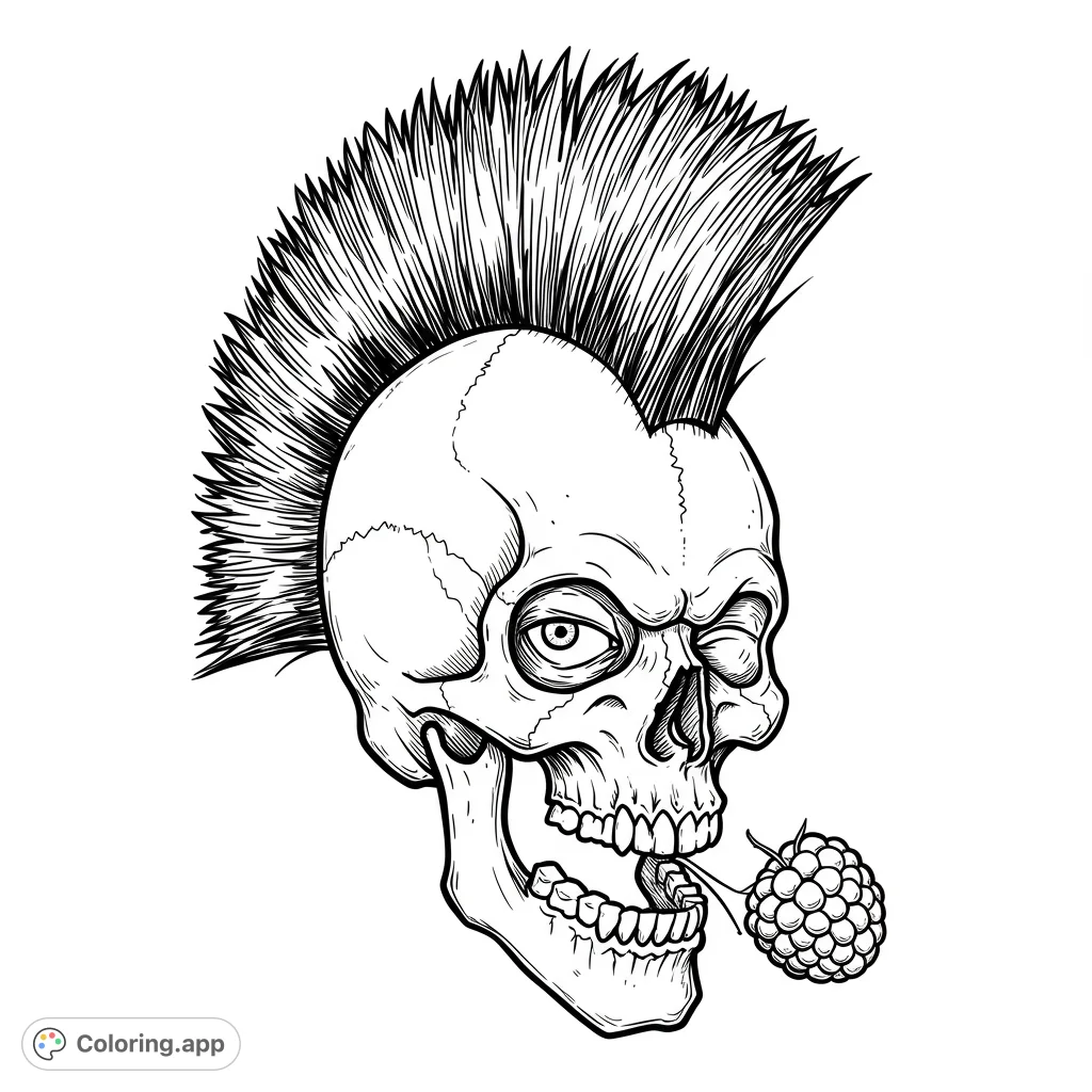 A cool punk skull with a spiky mohawk winks, holding a textured raspberry in its teeth. A unique, edgy free printable coloring page for all ages.