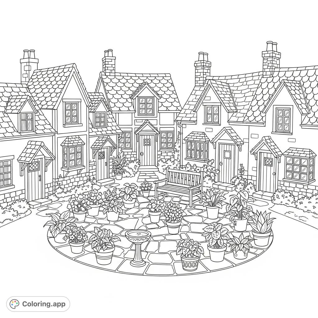 Explore a charming village scene with a cluster of quaint cottages surrounding a welcoming courtyard filled with lush potted plants and inviting details.
