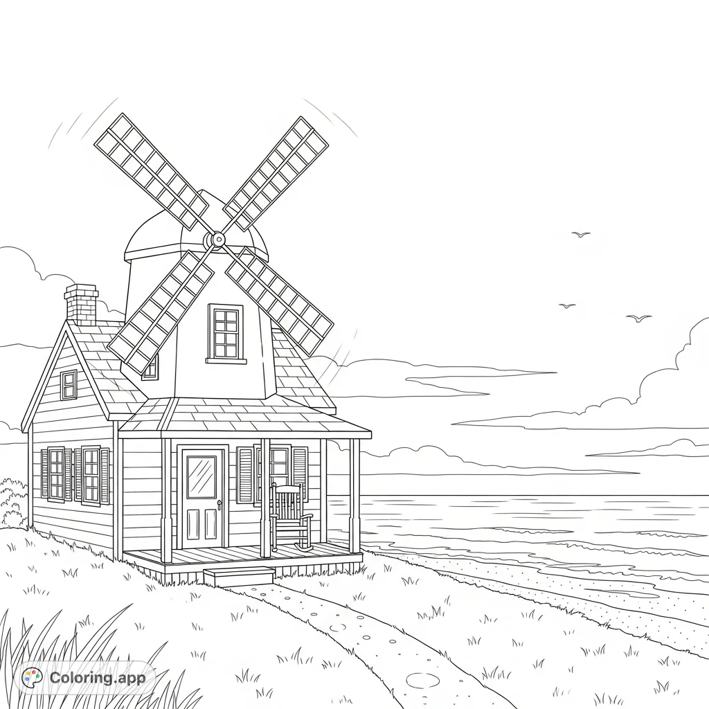 Color a charming seaside cottage featuring an attached windmill with turning blades, set against a backdrop of minimal waves and sparse grass. A tranquil coastal scene awaits your creativity.
