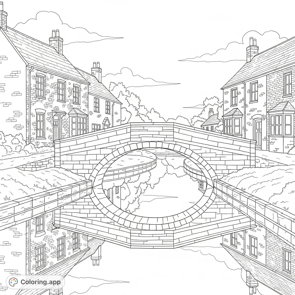 An enchanting village scene featuring an old bridge arching over a tranquil canal, with detailed brick houses gently reflected on the water's surface, inviting serene coloring.