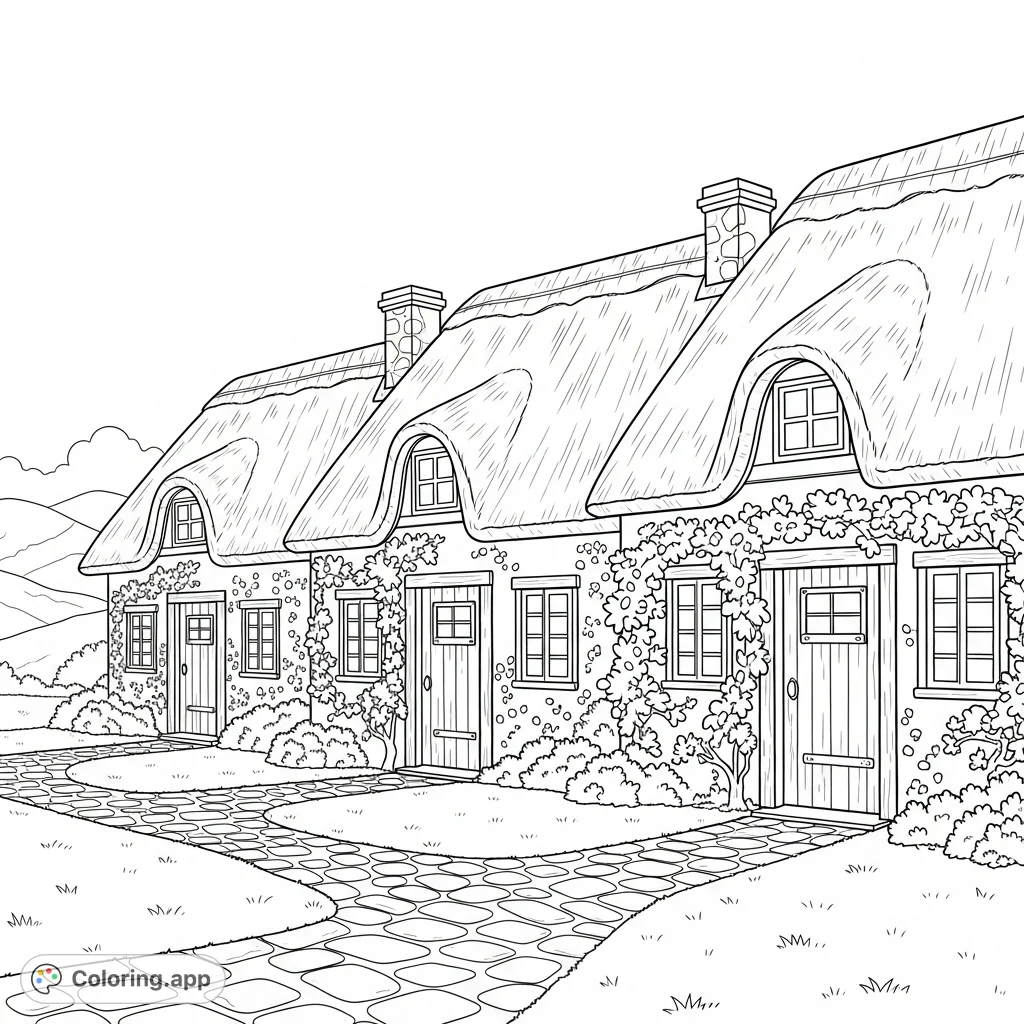Discover a charming row of quaint cottages, featuring inviting thatched roofs, intricate climbing vines, and a peaceful cobblestone path. A delightful scene for creative expression.