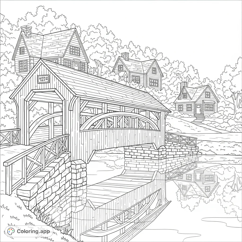 A charming village scene featuring a covered bridge, a serene reflective pond, and cozy cabins nestled in the background, offering a peaceful coloring experience.