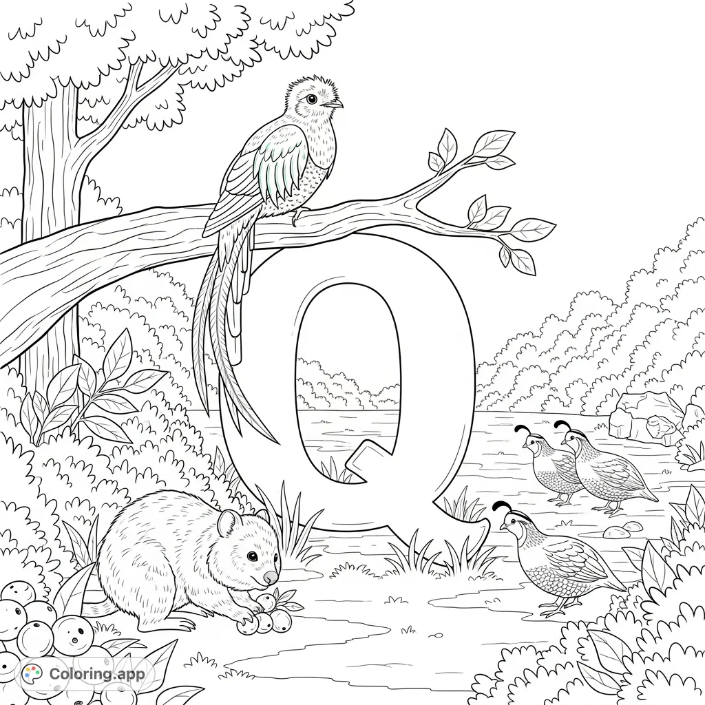 Explore the Letter Q with this vibrant coloring page featuring a majestic quetzal, a playful quokka, and foraging quail in a lush forest setting.