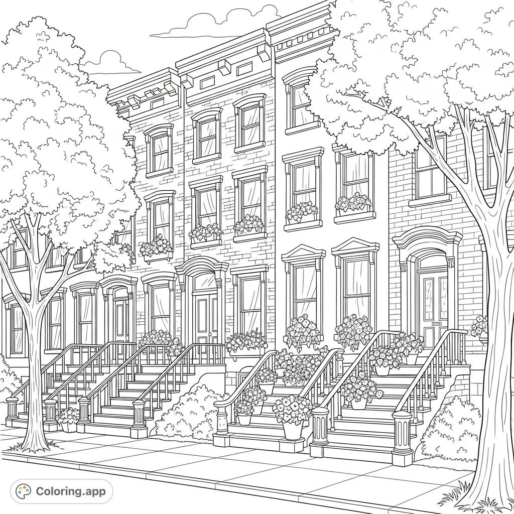 Explore a tranquil brownstone street scene featuring detailed architecture, blossoming flower pots, and lush trees. A delightful urban escape.