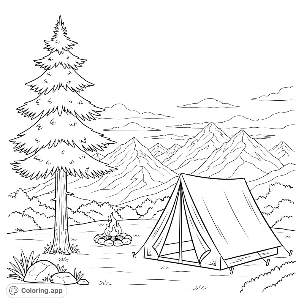 Discover a peaceful campsite scene with a tent, a towering pine, and distant mountains under an expansive sky, perfect for a relaxing coloring adventure.