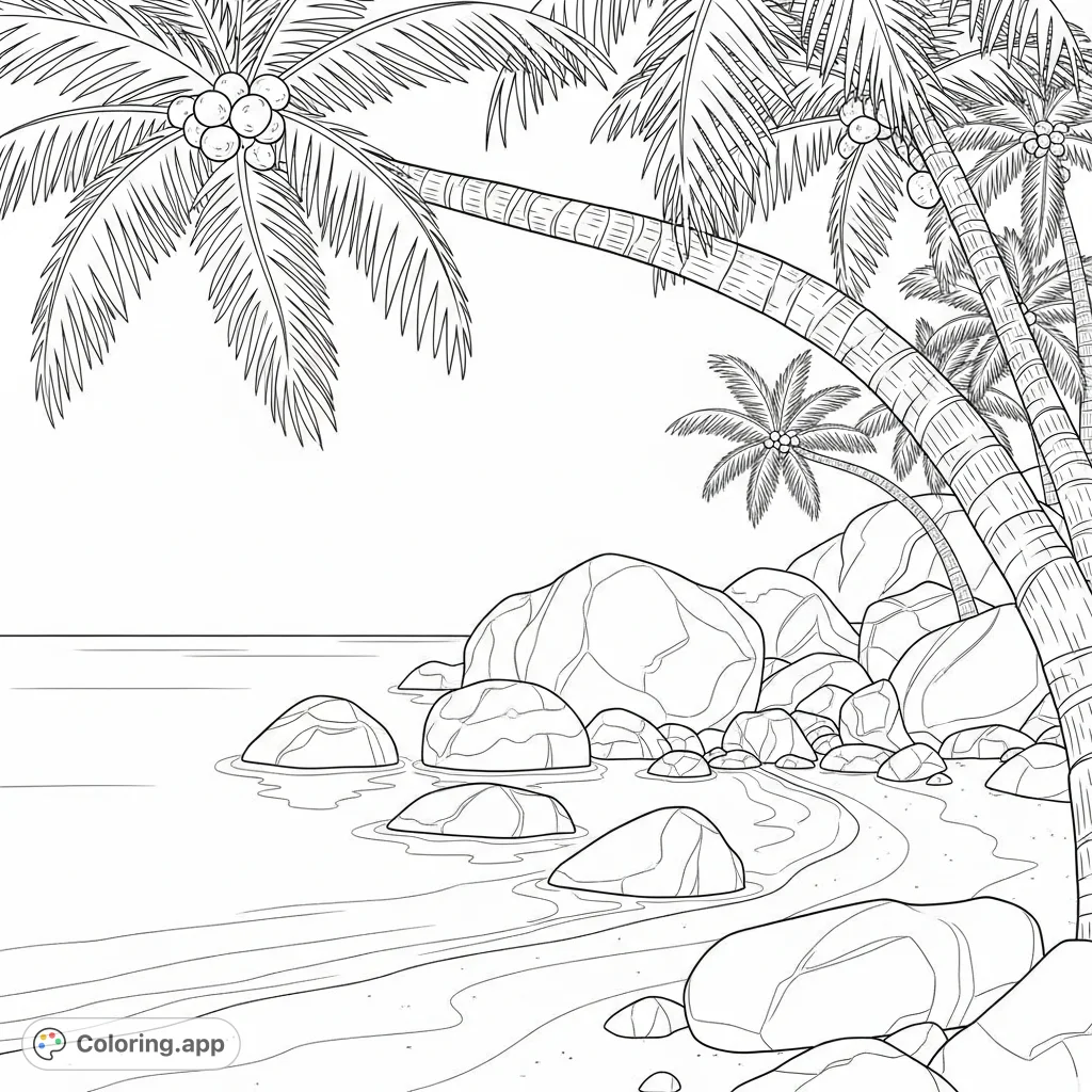 A tranquil coloring page depicting a peaceful cove with smooth boulders, soft sandy shorelines, and graceful palm trees reaching overhead.