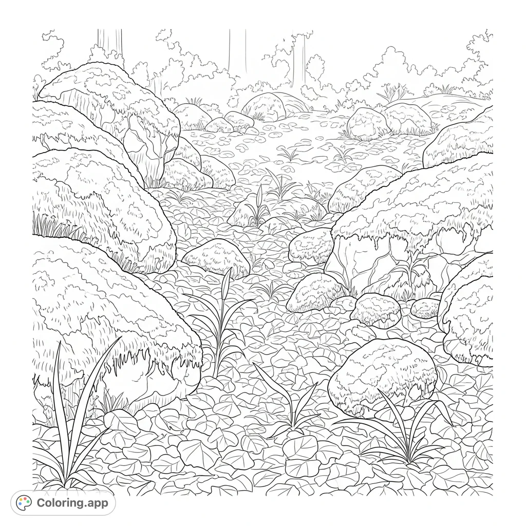 Step into a serene forest clearing featuring moss-covered rocks, a lush bed of leaves, and filtered sunlight. An inviting nature scene for mindful coloring.