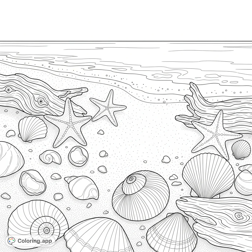 Explore a tranquil sandy shoreline, adorned with beautifully detailed seashells, five-armed starfish, and uniquely textured driftwood pieces. A peaceful scene awaits your creativity.