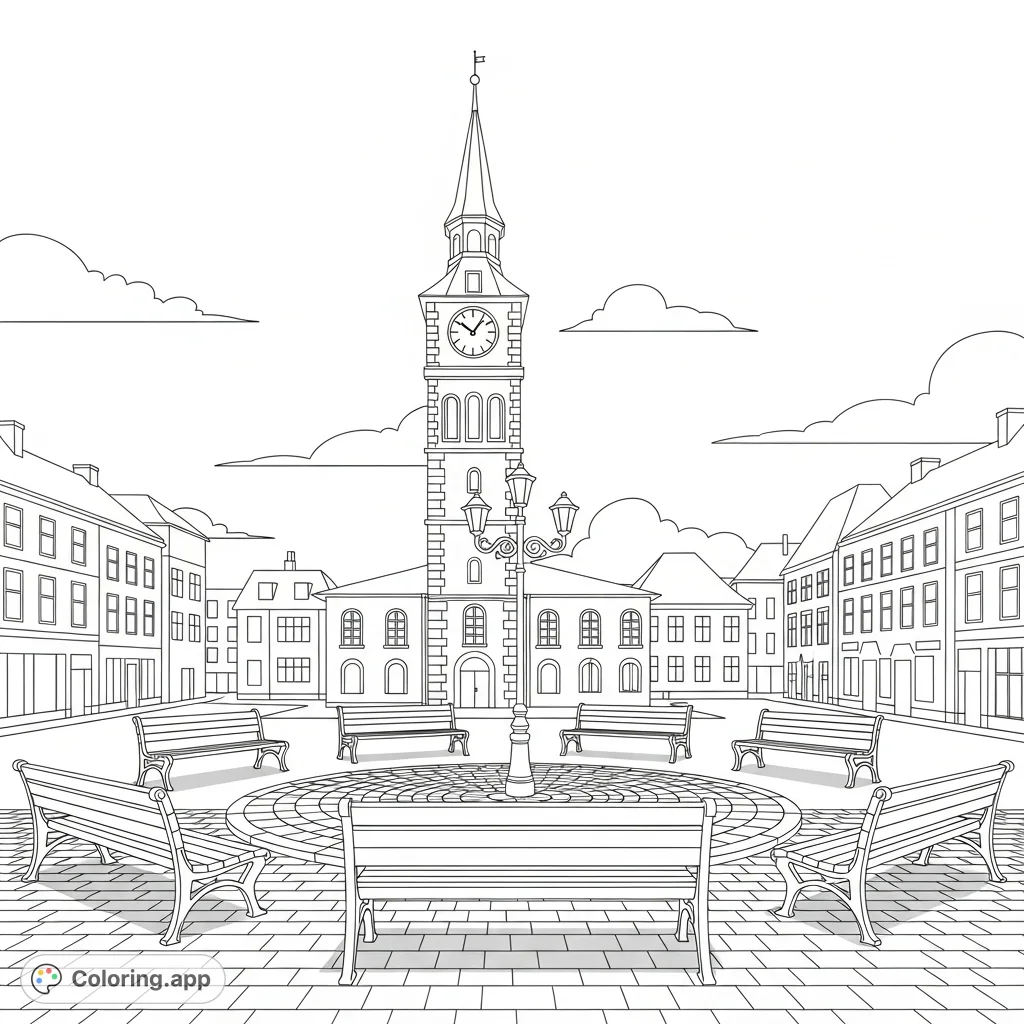 Explore a serene town square coloring page, featuring park benches, cobblestone paths, and a majestic clock tower silhouette in the background.