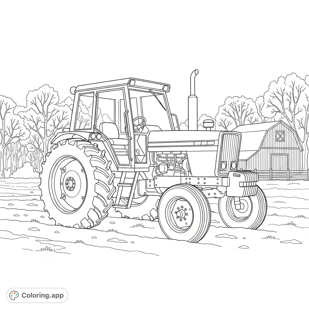 A sturdy farm tractor parked in a serene winter landscape, lightly dusted with snow. Features a barn and leafless trees in the background for a rustic scene.