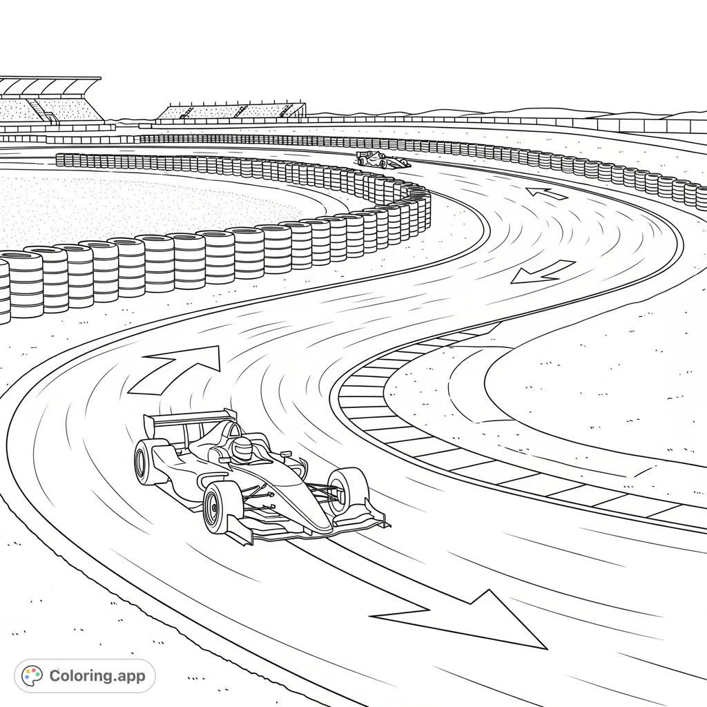 A dynamic coloring page featuring a race car expertly navigating an S-curve track, complete with tire barriers and directional arrows.