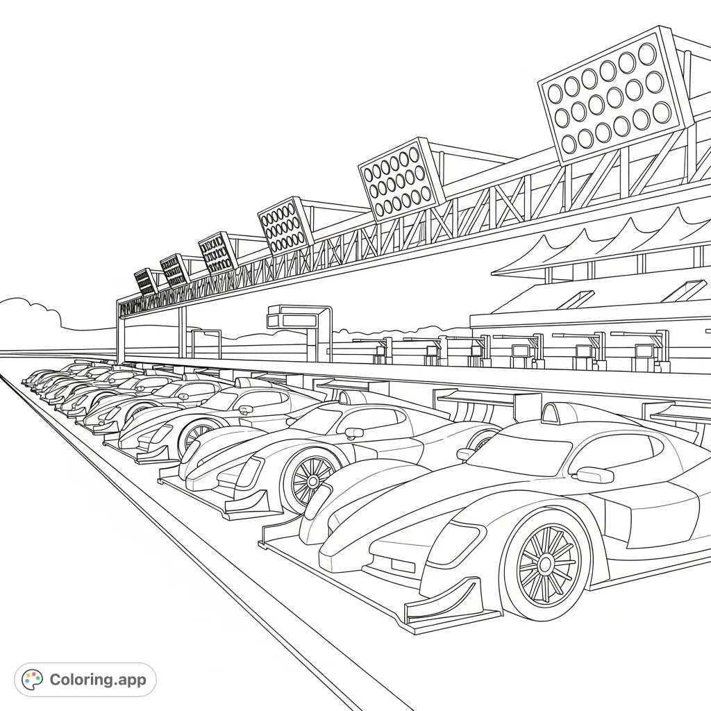 A dynamic coloring page featuring a lineup of diverse race cars on a detailed starting grid, with simplified overhead lights and track elements.