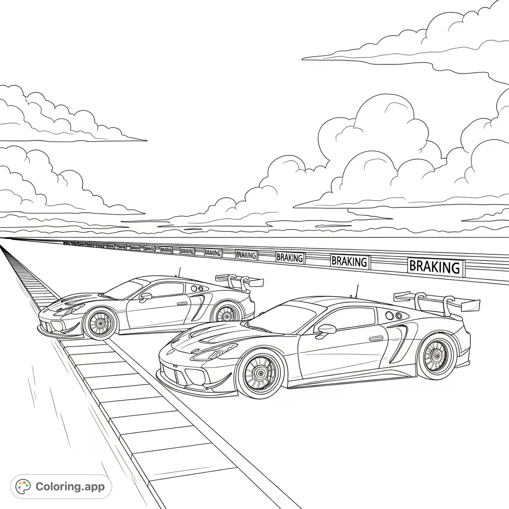 Experience the thrill of speed with two powerful race cars on a long straightaway, featuring detailed braking markers and a soft, cloudy sky. Perfect for car enthusiasts!