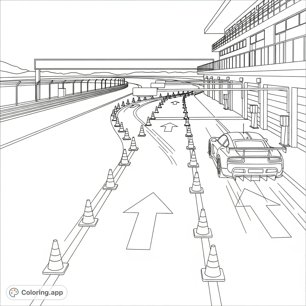 Navigate the bustling race pit entry lane with cones, directional arrows, and a sleek car. Perfect for racing enthusiasts!