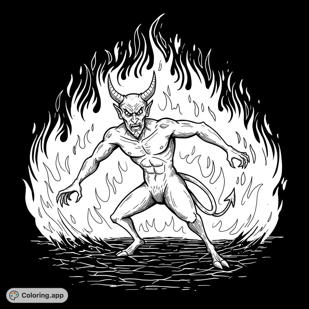 Unleash your creativity on this fierce demon engulfed in roaring flames. A powerful, detailed design for intense coloring fun for adults.