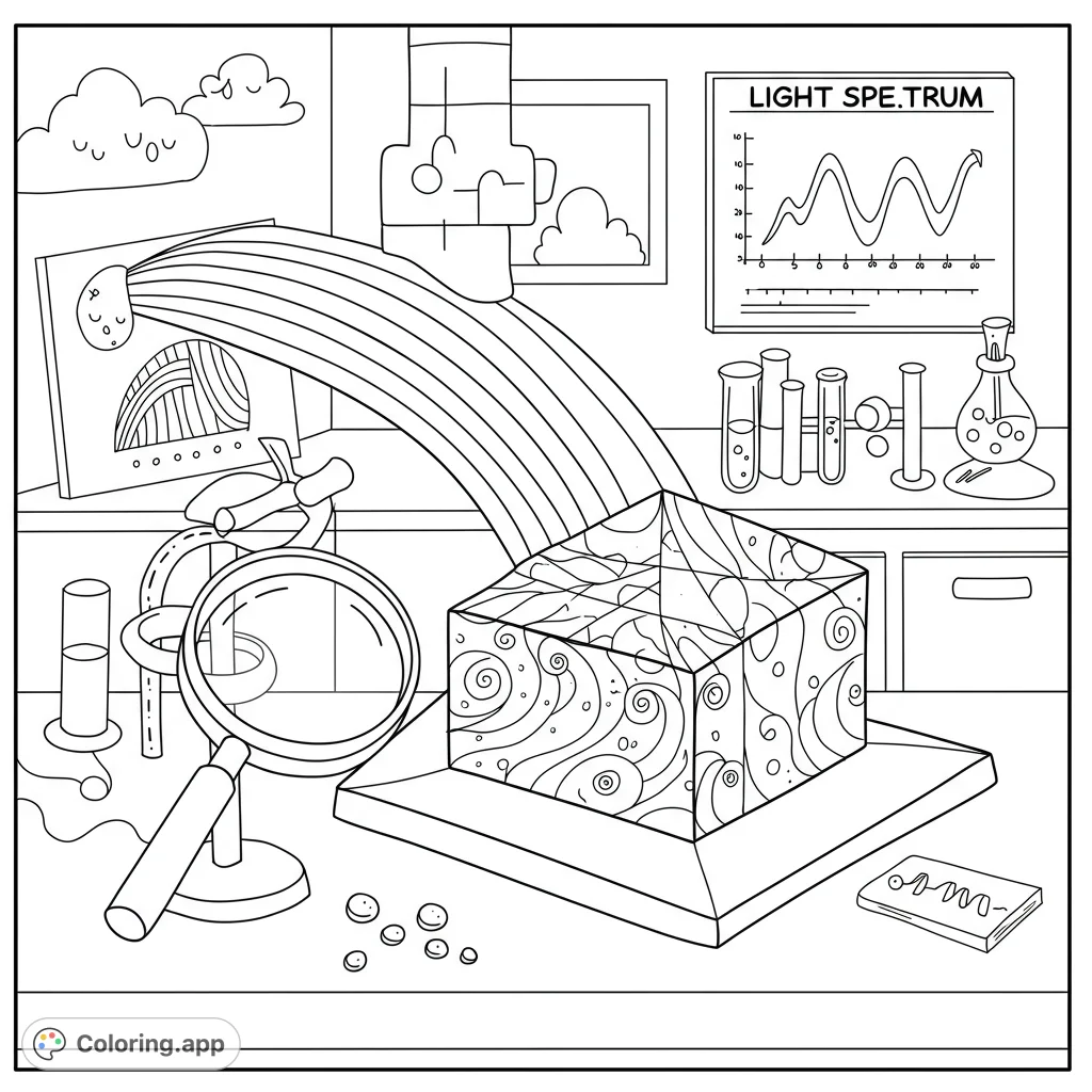 Explore a whimsical science lab with a vibrant rainbow, a mysterious patterned cube, and classic lab equipment. A free printable science coloring page.