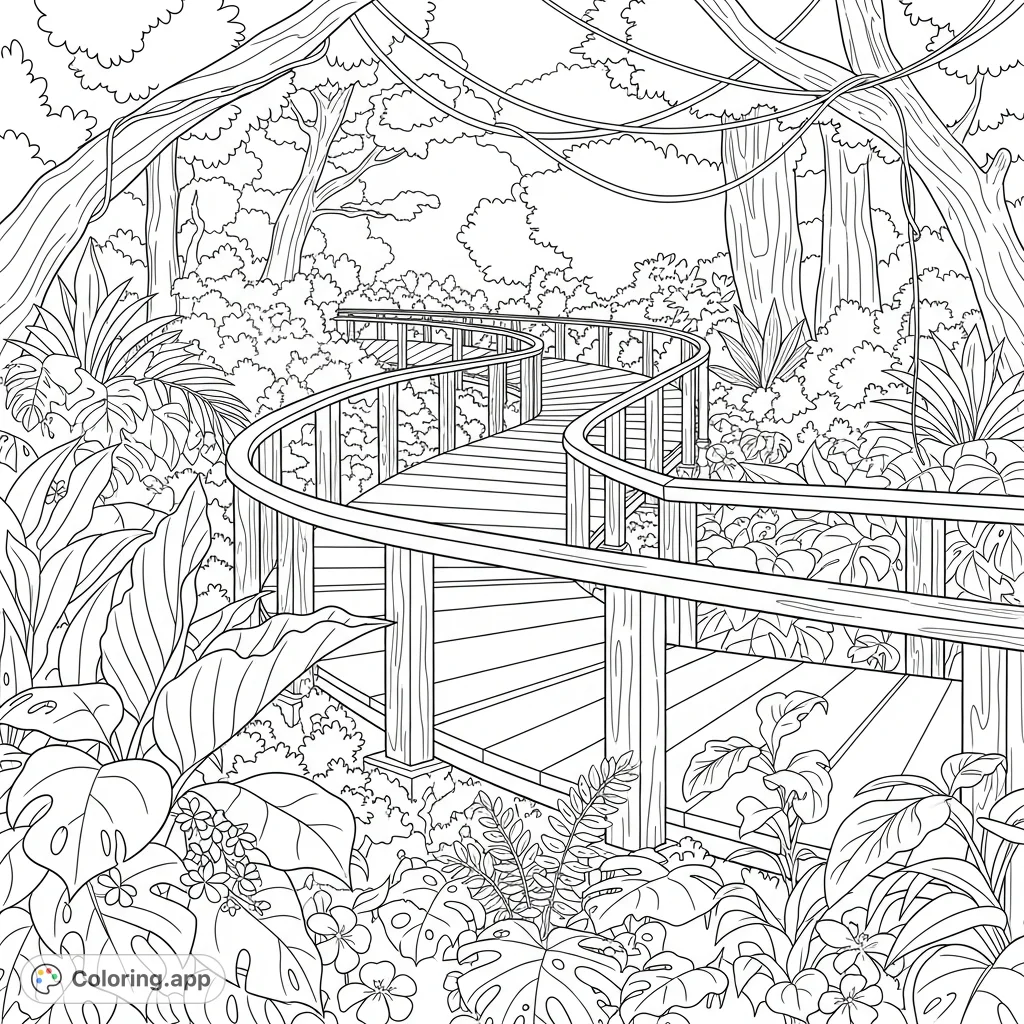 Explore a tranquil rainforest boardwalk winding through dense foliage. This detailed scene offers a meditative escape into nature's vibrant embrace.