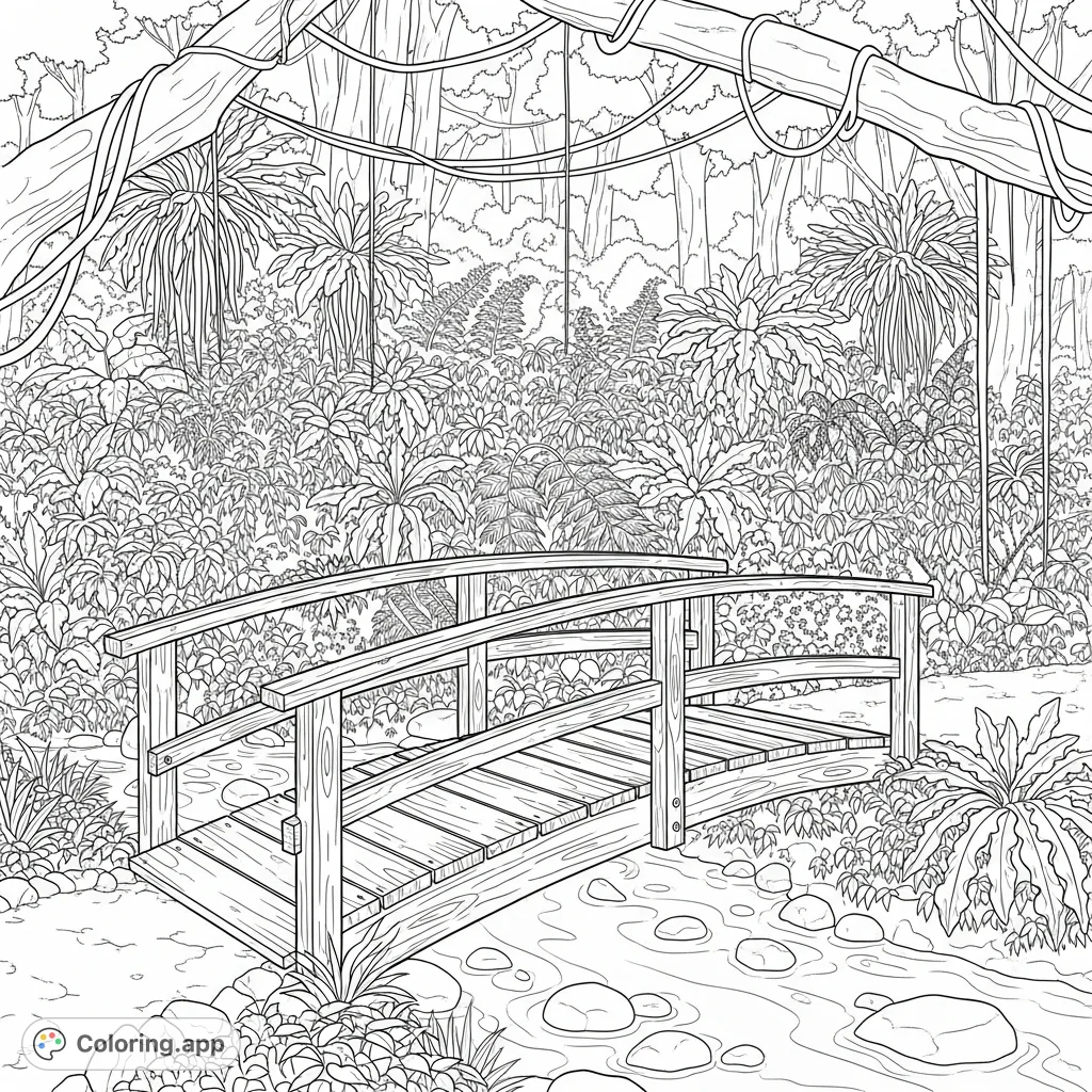 A serene rainforest scene featuring a rustic wooden footbridge spanning a shallow stream, surrounded by lush ferns, winding vines, and ancient trees.