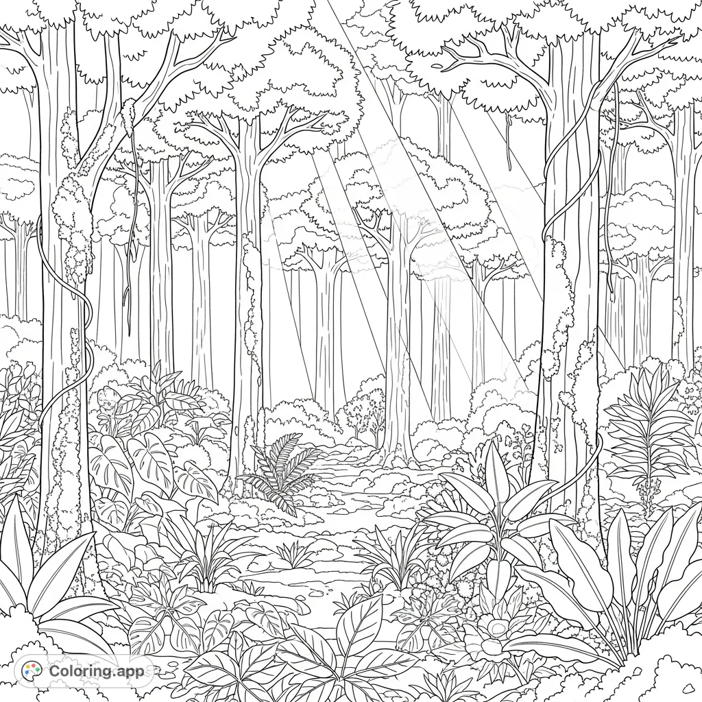 Explore a vibrant rainforest clearing, where towering trees, dense underbrush, and striking sunbeams create an immersive natural scene. A captivating coloring adventure.