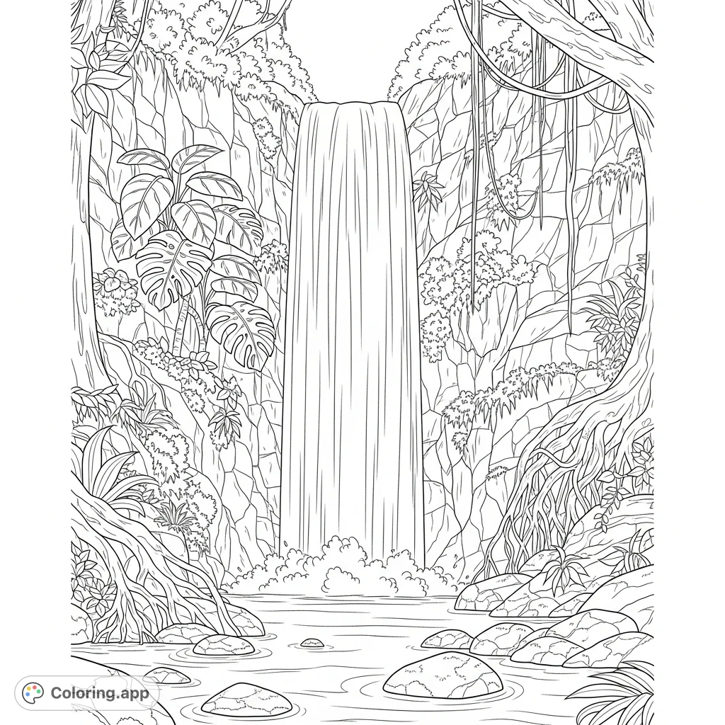 Dive into a lush rainforest with a majestic waterfall cascading down a rugged cliff. Discover intricate vegetation and exposed tree roots in this detailed nature scene.