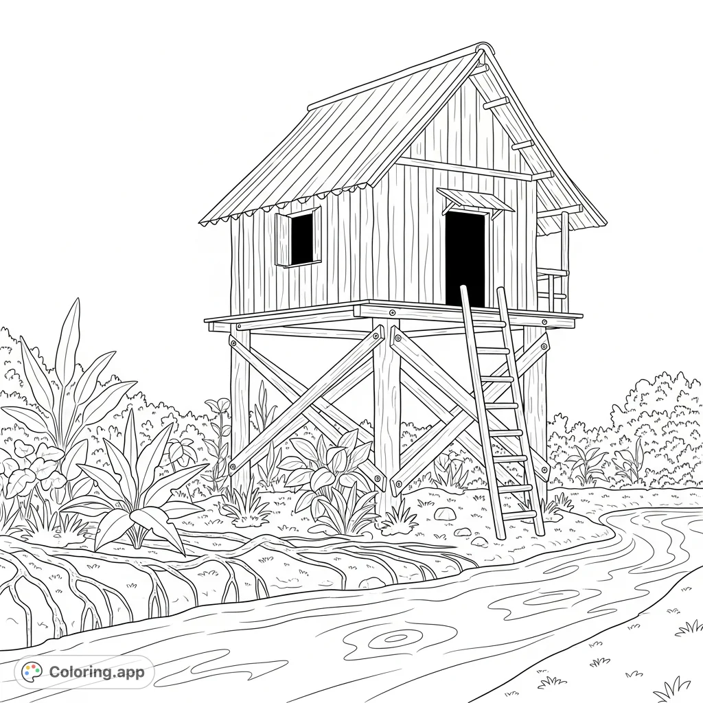 Color a charming rainforest hut on stilts beside a tranquil stream, surrounded by lush, simplified tropical plants and winding roots for a calming escape.
