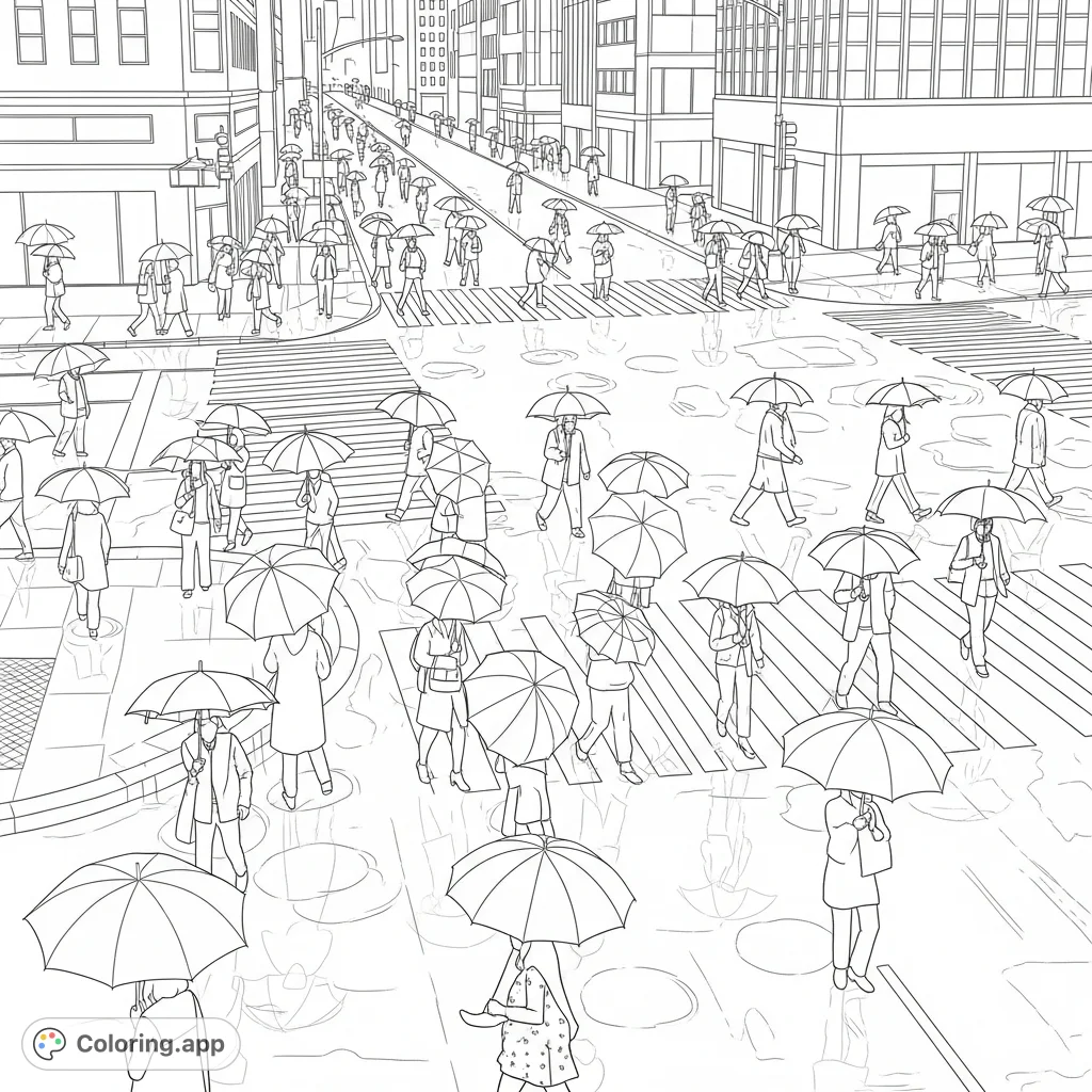 Immerse yourself in a busy city street scene on a rainy day. Pedestrians with various umbrellas navigate a wet crossing, surrounded by urban architecture.