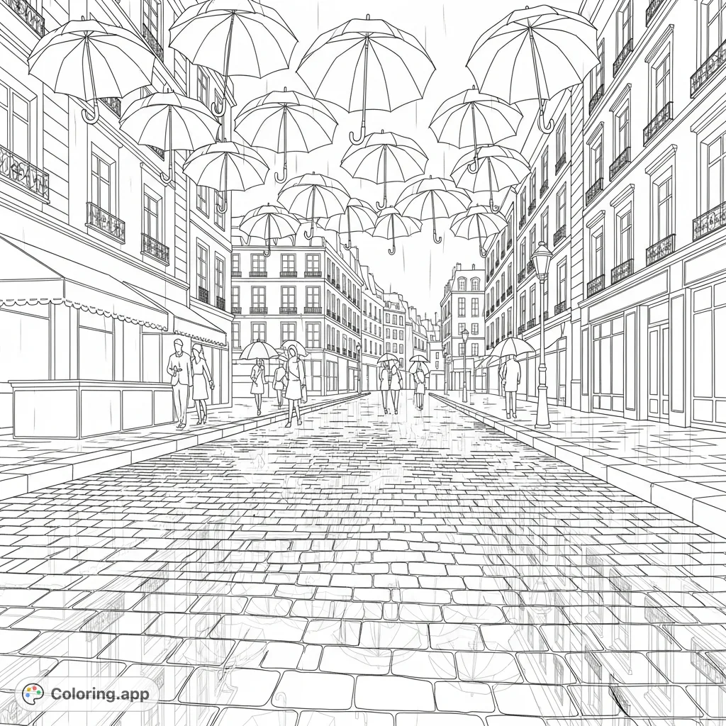 Explore a charming, rain-kissed Paris street featuring elegant simplified umbrellas and shimmering cobblestone reflections. A delightful urban escape.