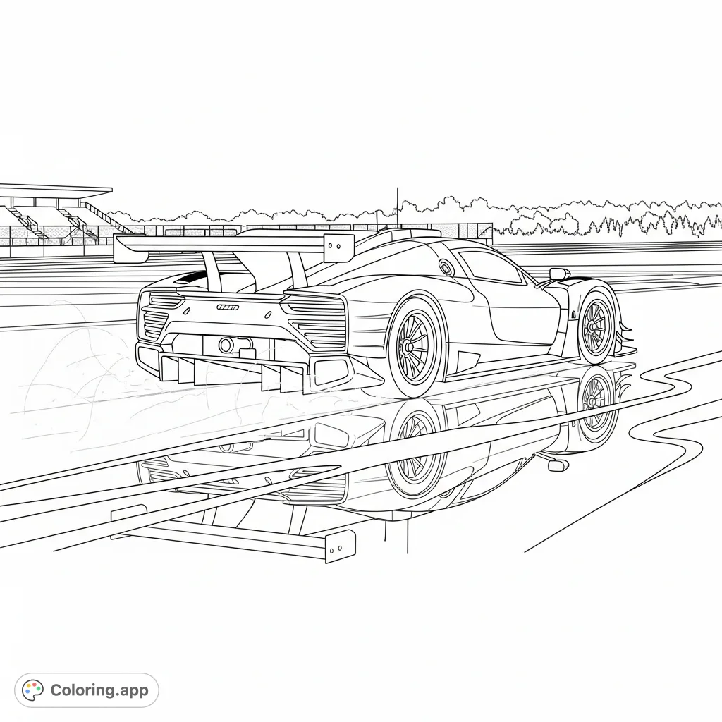 A dynamic coloring page featuring a sleek race car speeding on a rain-soaked track with simplified reflections and minimal spray, capturing racing excitement.