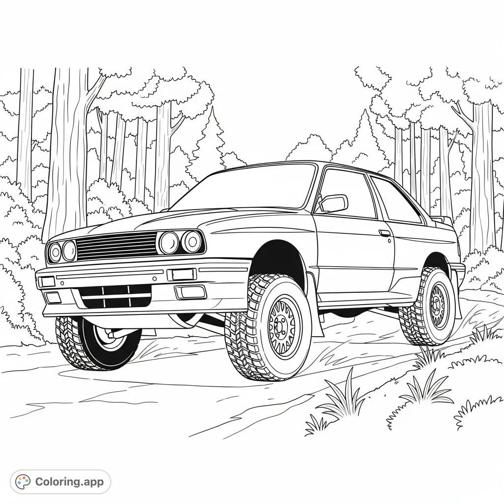 Unleash your creativity with this M3-style rally car coloring page, featuring raised suspension and off-road tires on a dynamic forest trail. Perfect for car enthusiasts!