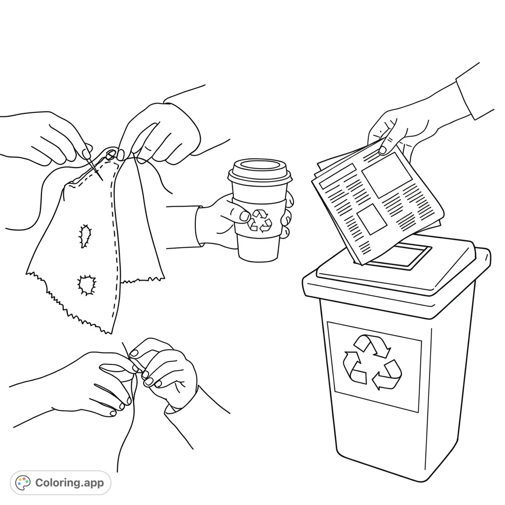 Eco-friendly sustainability coloring page: hands recycling newspapers, reusing coffee cups, repairing clothes. Free printable for all ages.