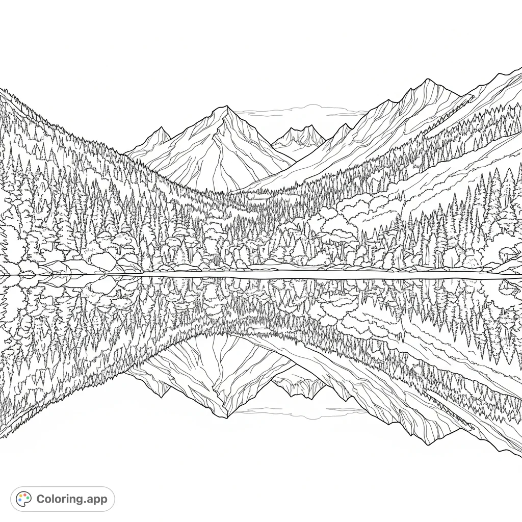 Color a peaceful mountain lake reflecting majestic peaks and a dense forest. Intricate foliage and calm water invite detailed artistic expression.