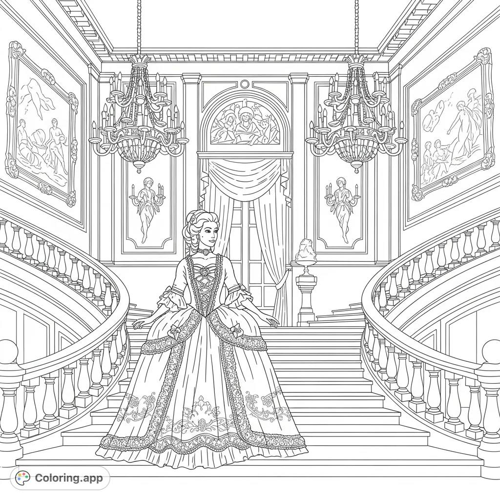 Step into a world of elegance with this 18th-century ball gown coloring page. A woman in an elaborate gown stands on a grand staircase in a stately mansion.