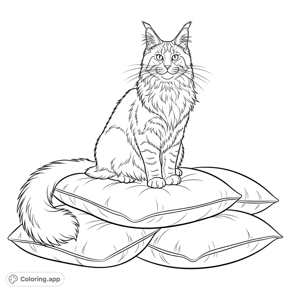 A majestic Maine Coon cat rests regally on a stack of soft pillows, showcasing its distinctive fluffy features in a cozy, detailed scene.
