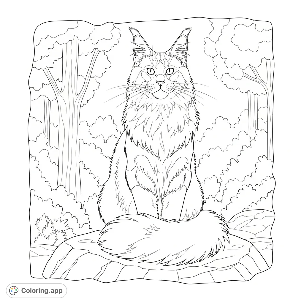 A majestic Maine Coon cat sits regally on a large rock, showcasing its tufted ears and fluffy tail against a simplified forest backdrop.
