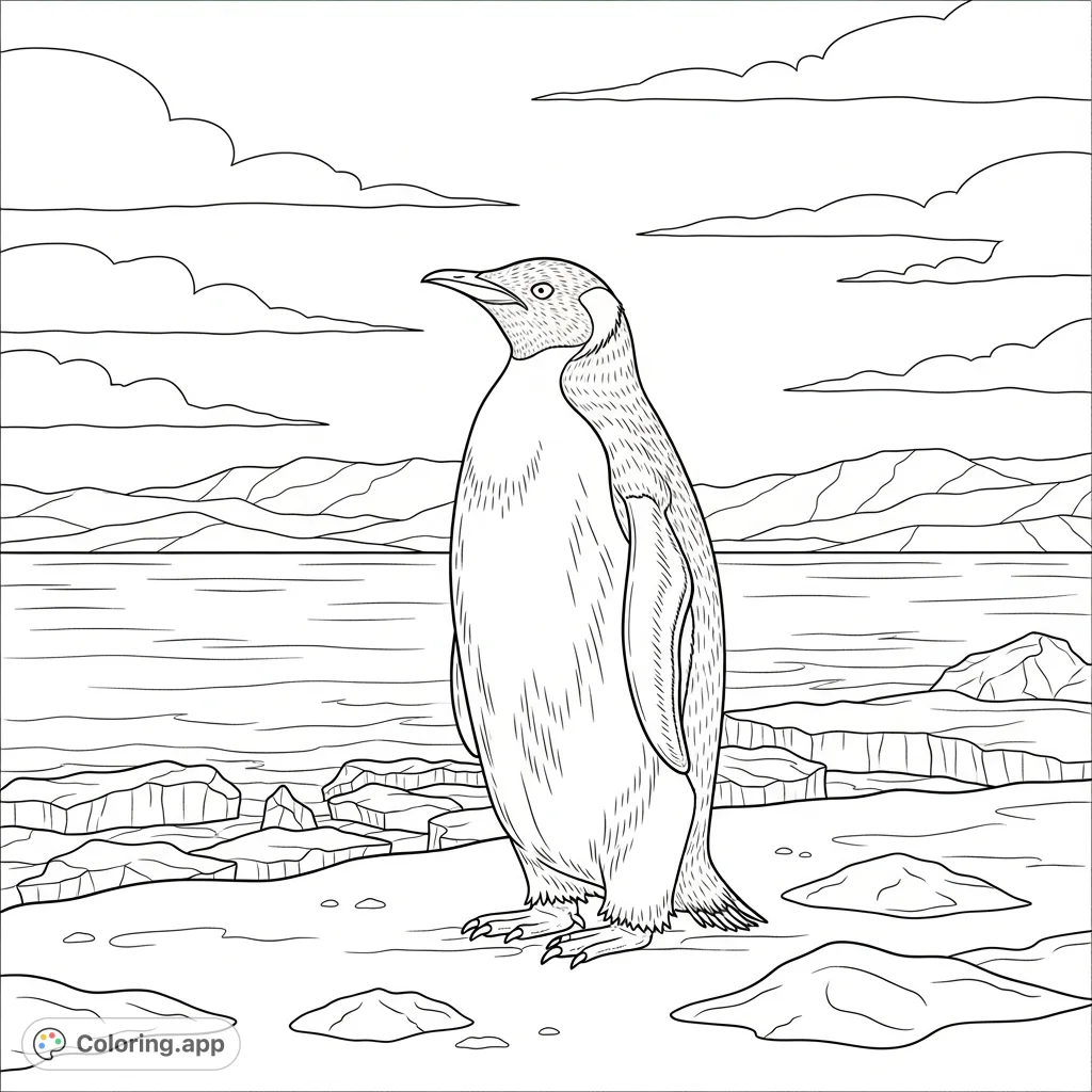 A majestic penguin stands tall on a vast icy shore, surrounded by snowdrifts and distant icy hills, offering a serene wildlife coloring experience.