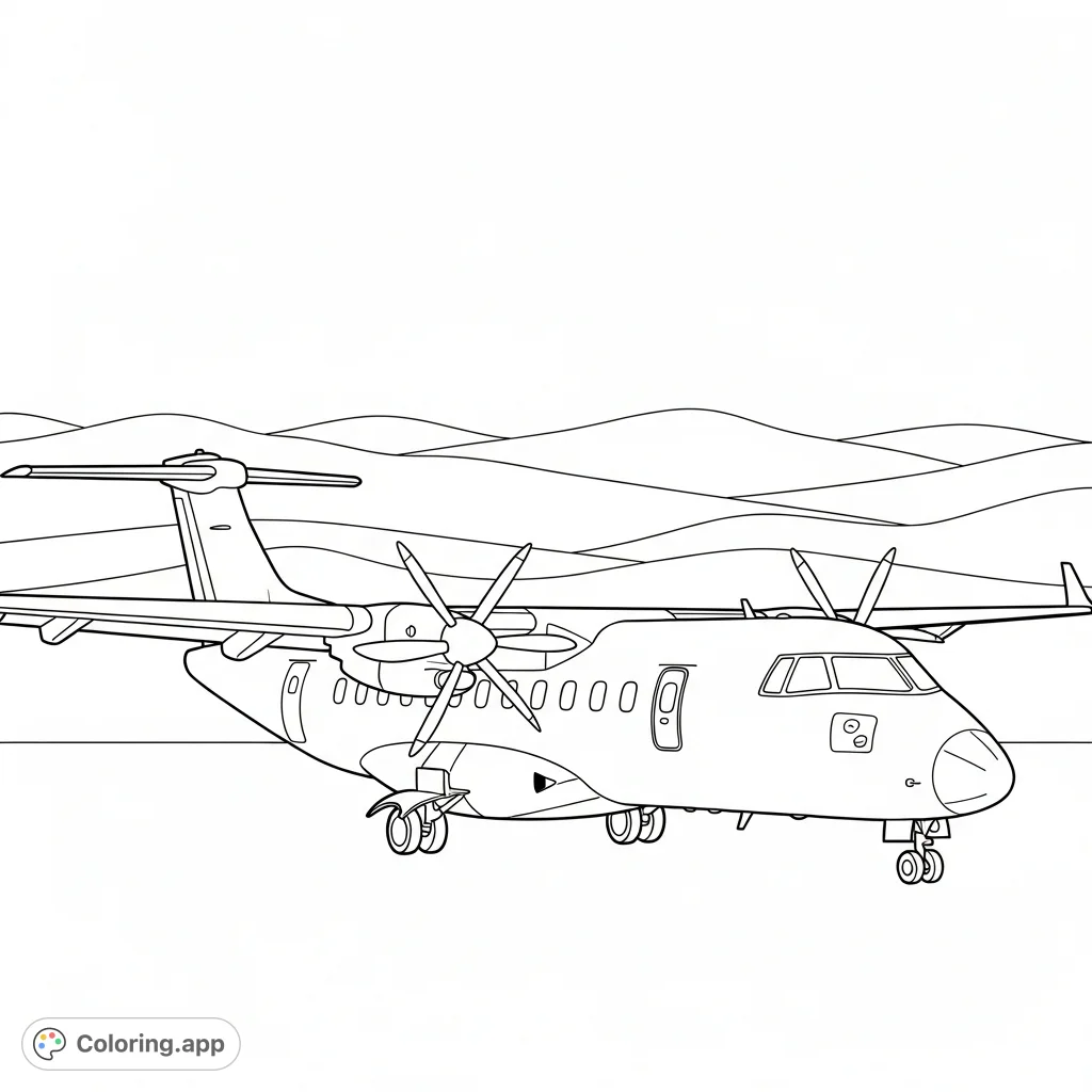 A detailed regional turboprop airliner with simplified propellers, positioned against a backdrop of gently rolling hills, ready for takeoff or landing.