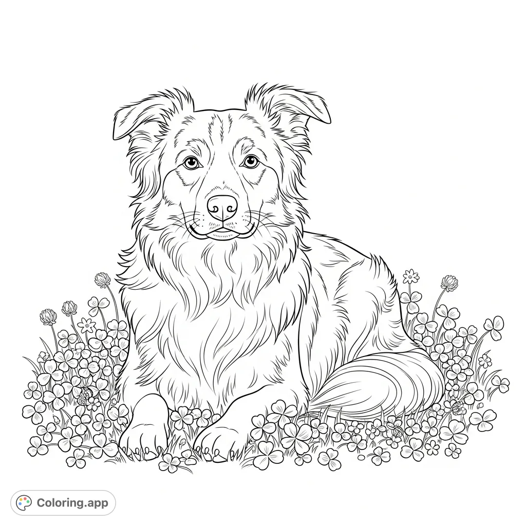 A serene Border Collie lies peacefully in a lush field of soft clover, its ears relaxed and tail curled. A charming scene for dog lovers to color.