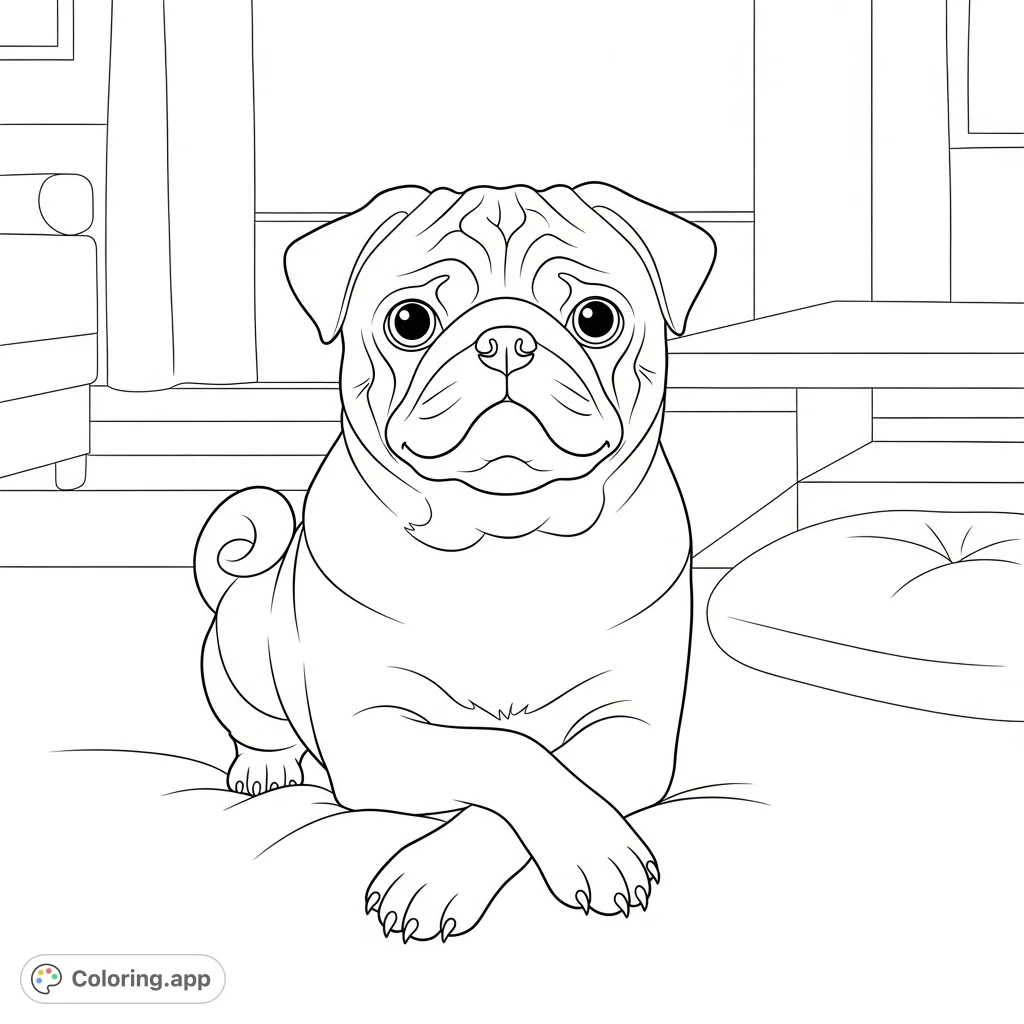 Color this adorable pug resting peacefully with crossed paws in a simplified, cozy indoor setting. Perfect for a calming and delightful coloring experience.