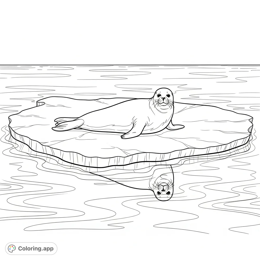 A peaceful seal rests on an icy platform, surrounded by gently rippling water. A serene arctic scene perfect for mindful coloring and relaxation.