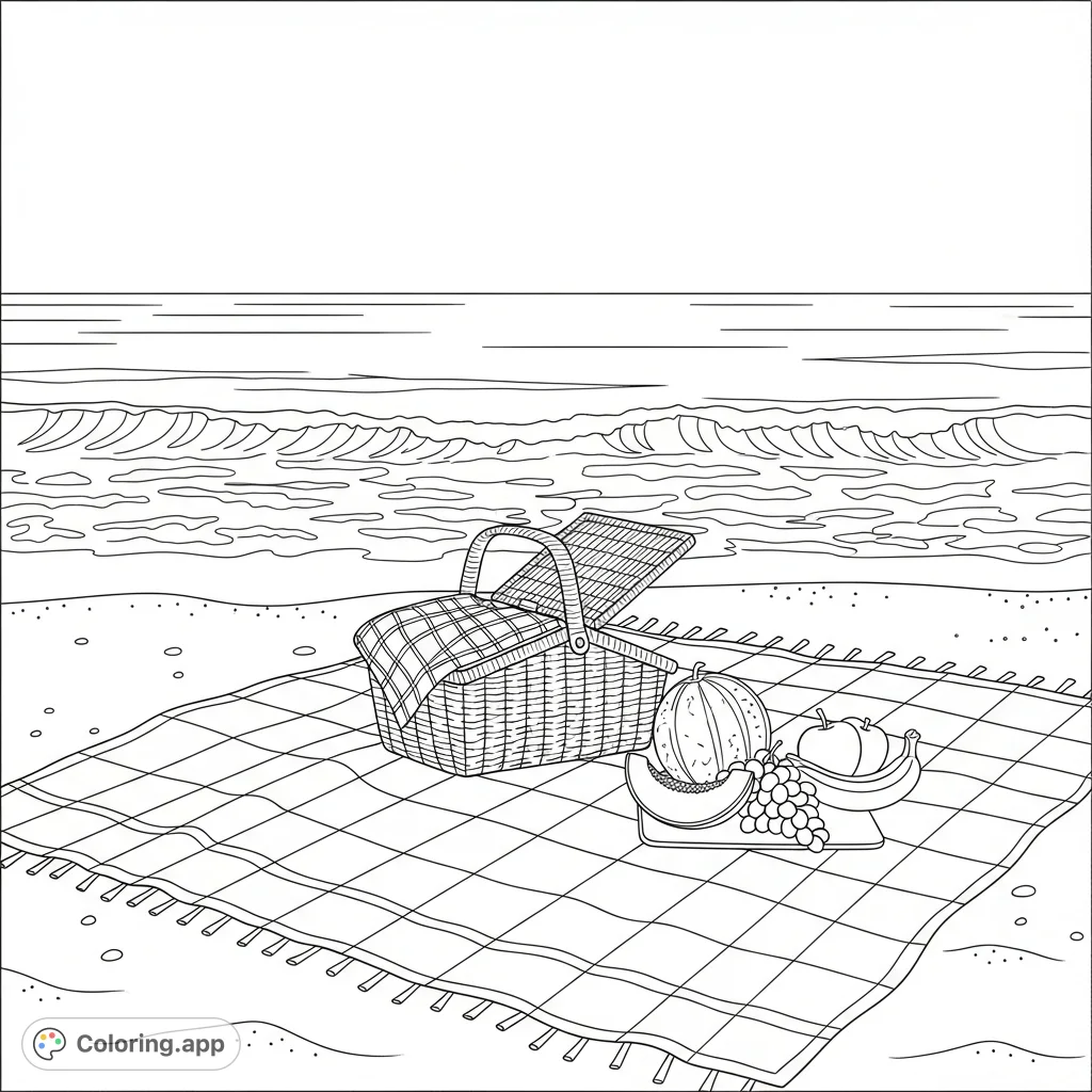 A charming beach picnic setup featuring a patterned blanket, a woven basket with fruit, and gentle ocean waves in the background, inviting serene coloring.