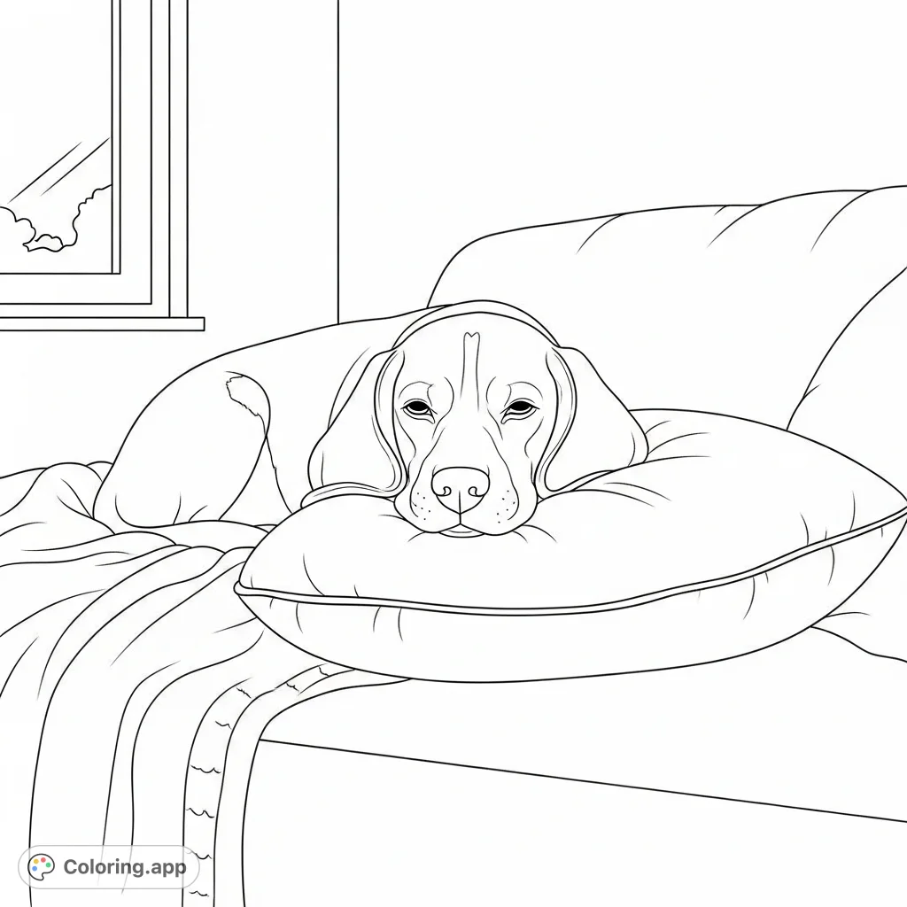A charming coloring page featuring a contented beagle resting peacefully on a plush pillow in a cozy, simplified indoor setting. Perfect for relaxation.