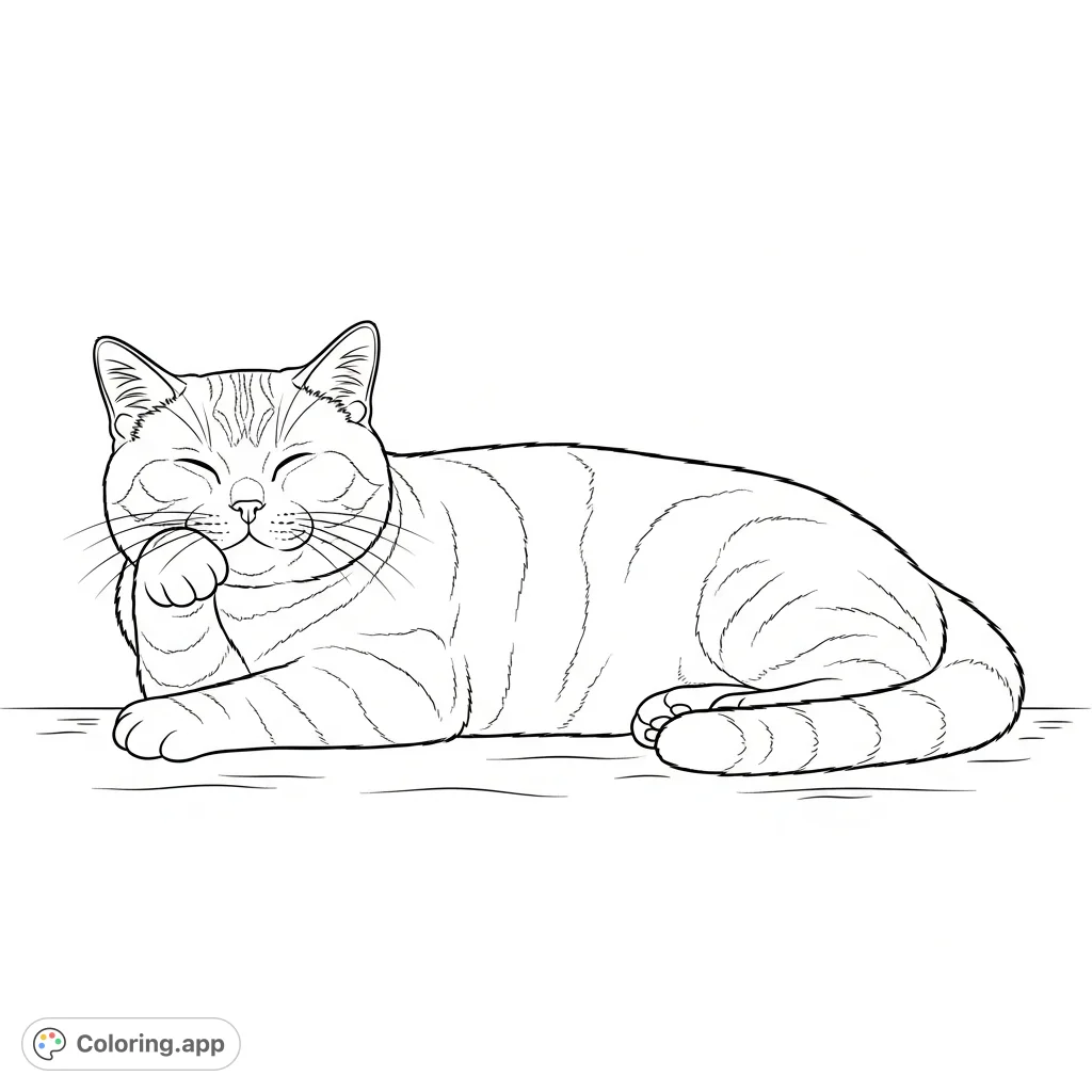 A fluffy British Shorthair cat sprawls contentedly on its side, showcasing plush fur and a relaxed pose. Minimal floor lines provide a gentle setting.
