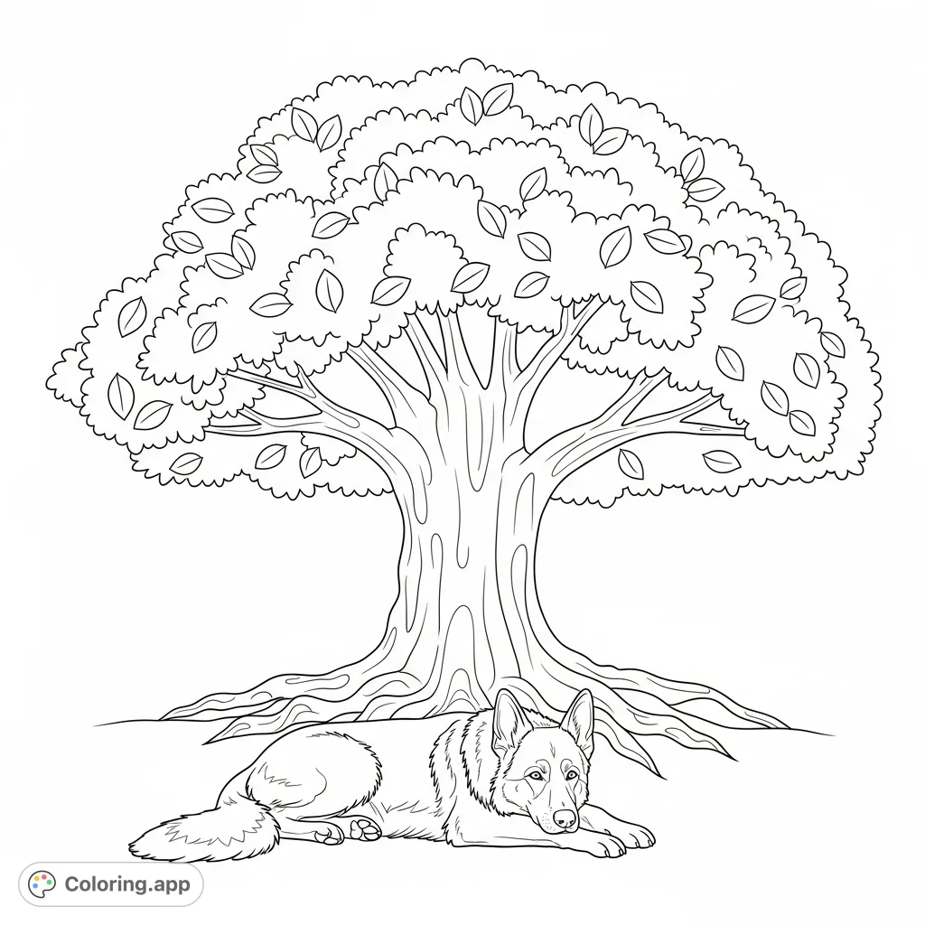 A serene German shepherd dog rests under a large, shady tree with simplified leaves and prominent roots, capturing a moment of calm in nature. Perfect for dog lovers.