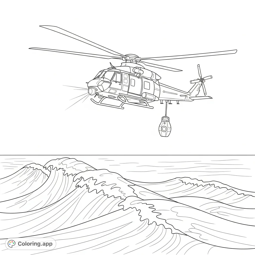A detailed search-and-rescue helicopter flies over simplified, undulating ocean waves, ready for action. Perfect for transport enthusiasts.