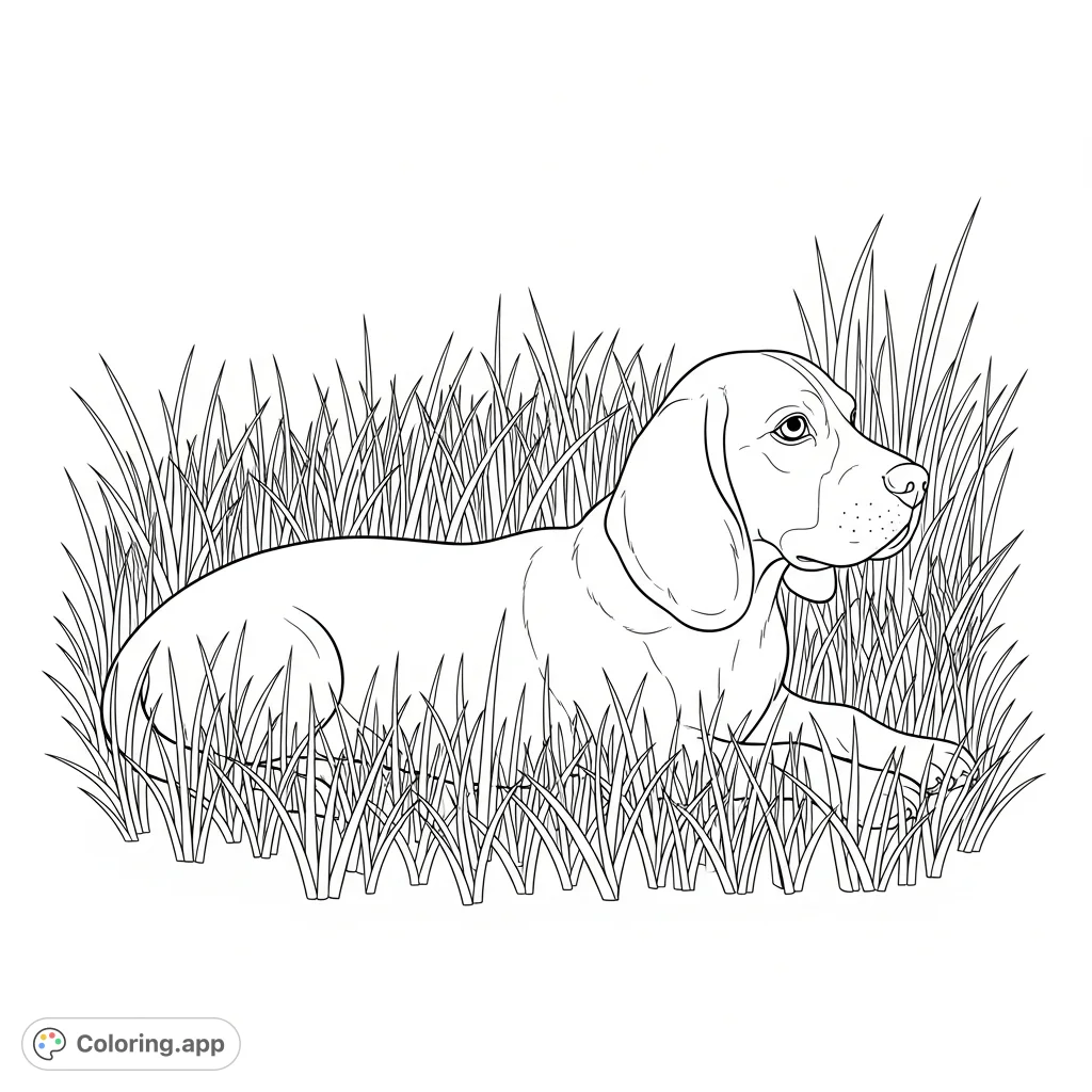 A calm beagle relaxes in a field of tall grass, its gentle face and back peeking out. A serene scene for pet lovers to color and enjoy.
