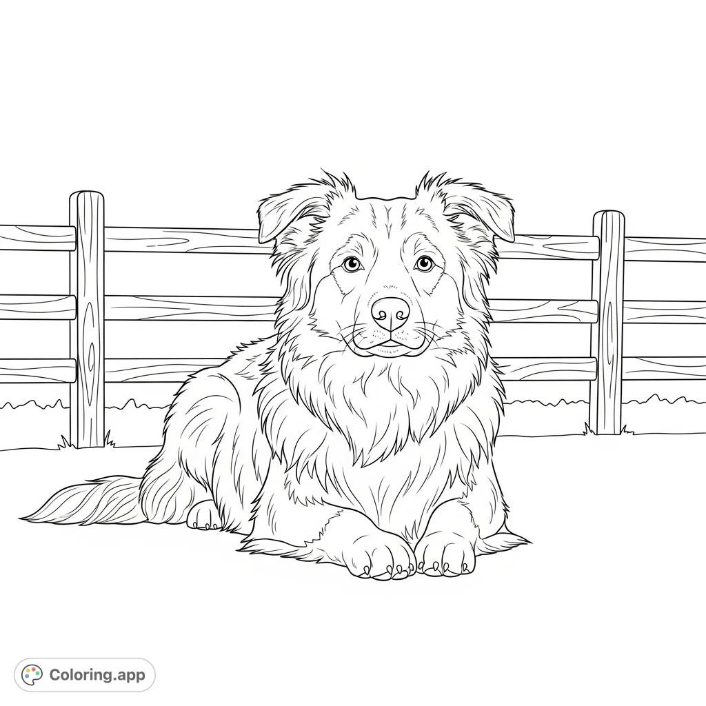 A charming Border Collie rests on its belly with paws extended, a rustic farm fence forming the backdrop, perfect for animal lovers.