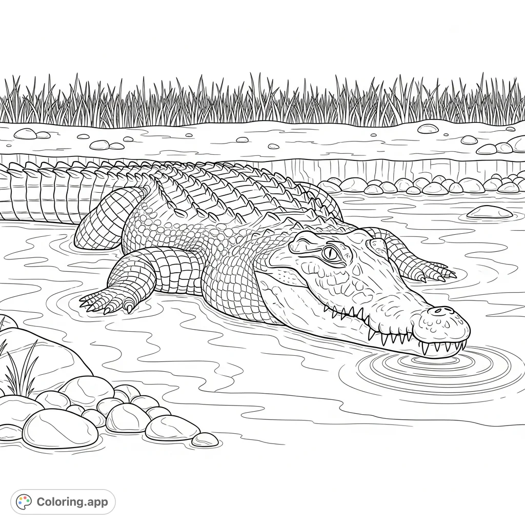 A detailed coloring page featuring a large crocodile resting calmly, partially submerged in muddy river water, surrounded by sparse riverbank vegetation.