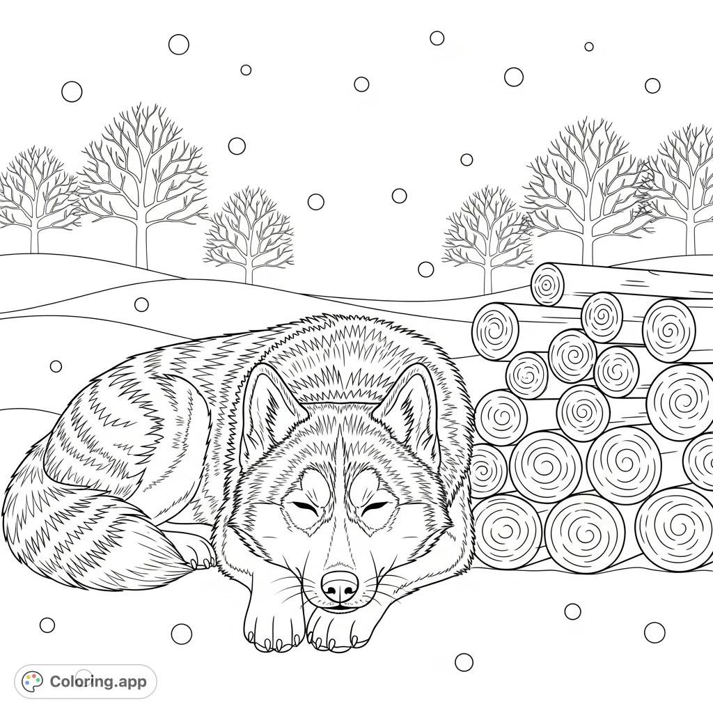 A peaceful husky dog rests beside a pile of logs in a tranquil winter landscape, featuring simple snowdrifts and subtle falling snow elements.