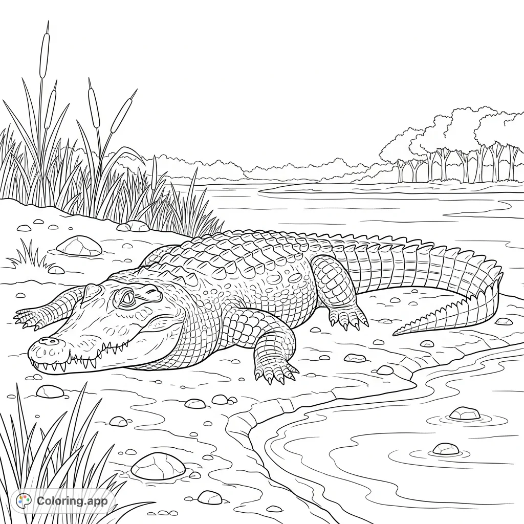 A detailed coloring page featuring a large, scaly crocodile peacefully resting on a muddy riverbank amidst reeds, with calm water and distant trees.