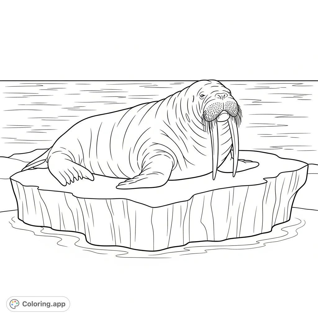 A majestic walrus rests peacefully on a large ice formation, its long tusks visible. Calm water stretches behind, depicting a serene arctic scene.
